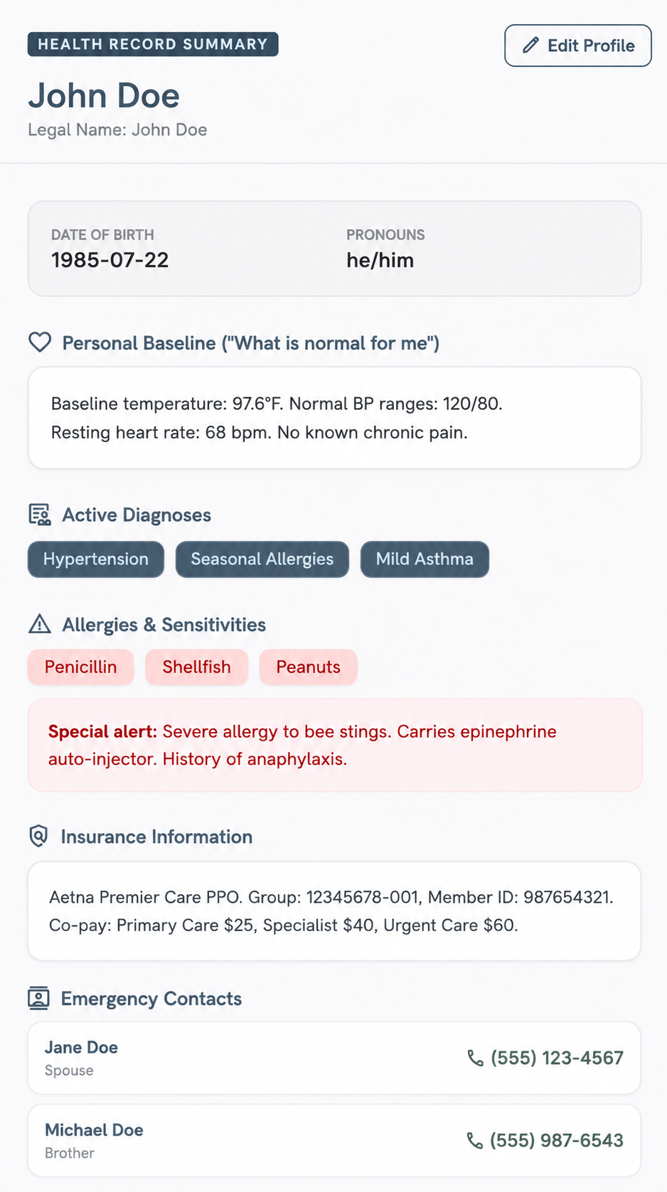 Health record summary — personal baseline, active diagnoses, allergies, insurance details, and emergency contacts