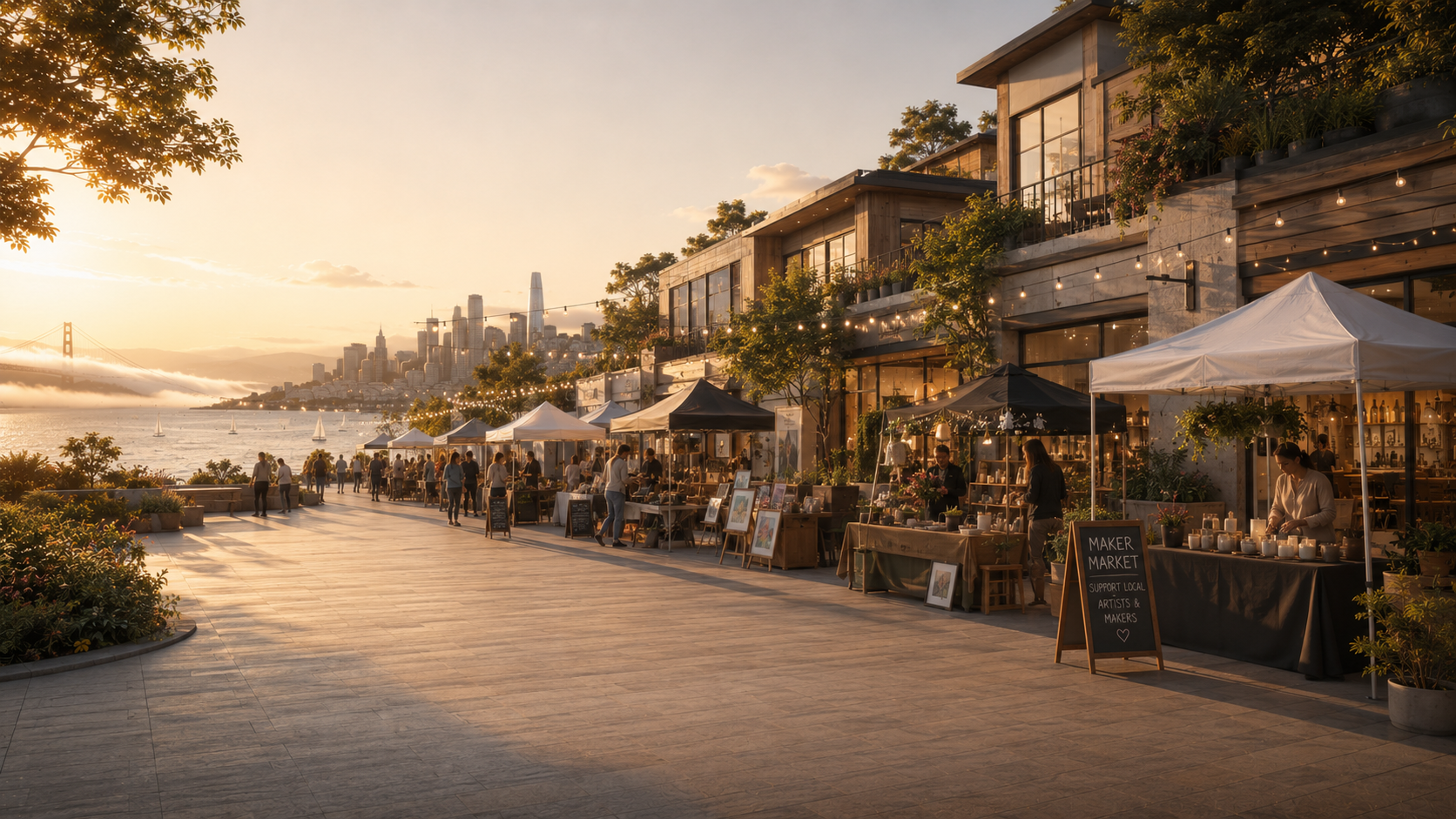 A waterfront promenade of small shops and a maker market at golden hour, city skyline across the bay